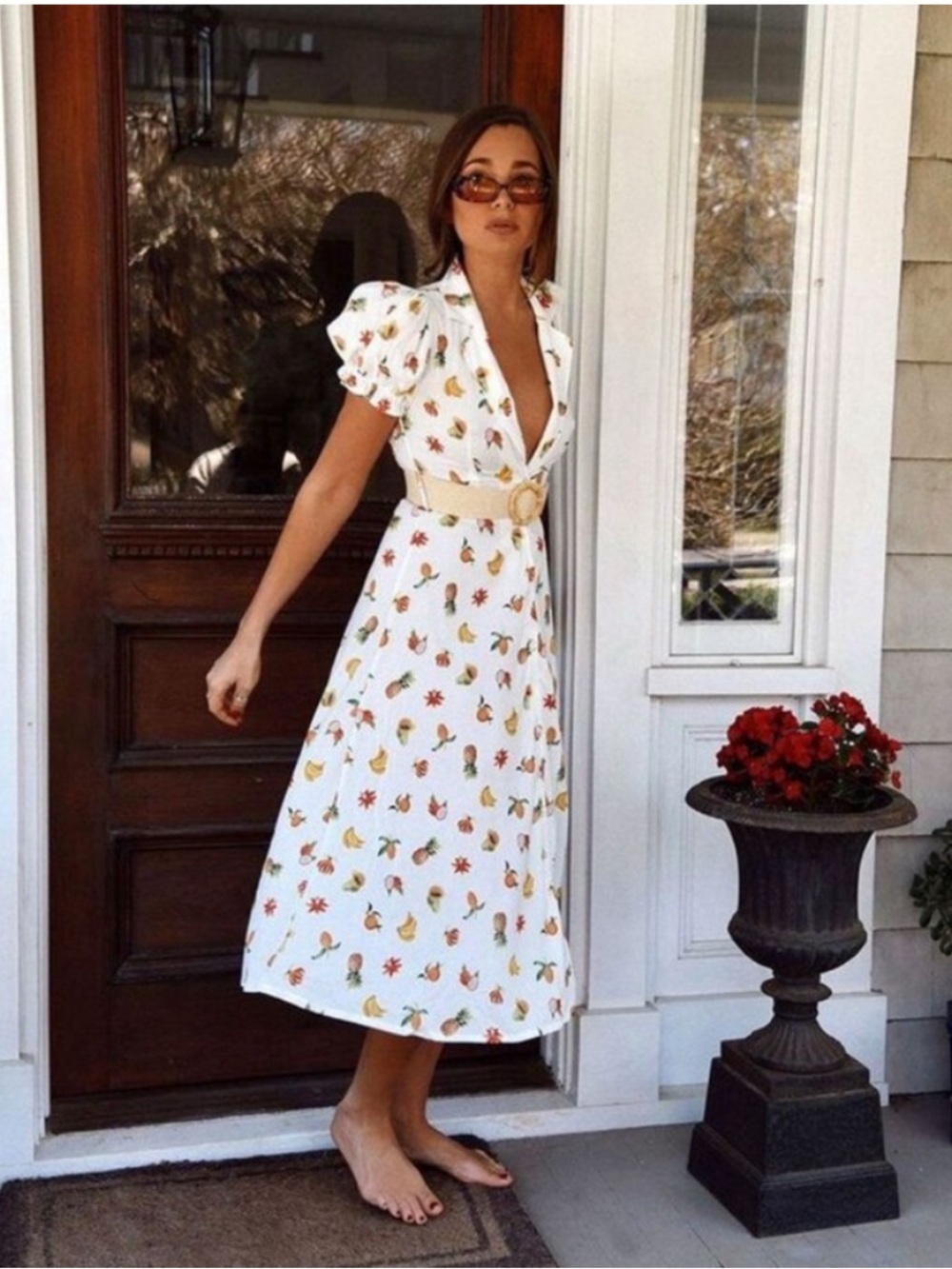 WeWoreWhat White Puff-Sleeve Floral Midi Dress